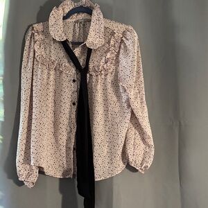 Sweet Rain Pink Polka Dot Ruffle Shirt with Black Tie